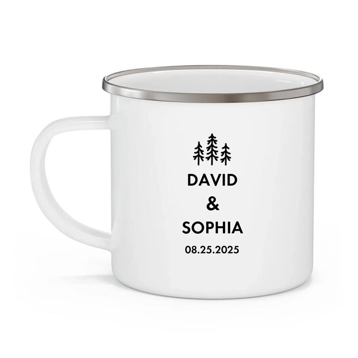 Personalized Mountain Hiking Couple Enamel Mug, Custom Couple with Dogs Hiking Mug, Unique Gifts for Hikers, Campers