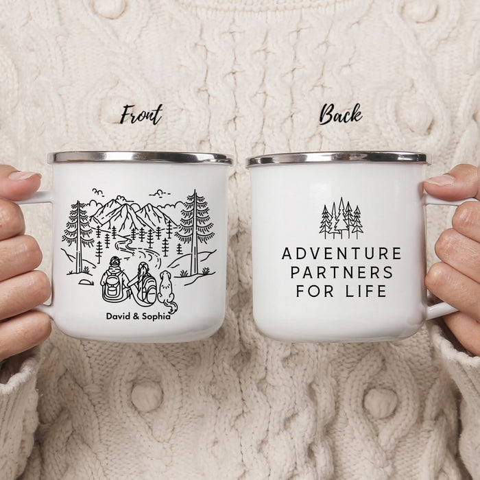 Personalized Adventure Partners For Life Enamel Mug, Custom Mountain Hiking Couple with Dogs Mug, Unique Gifts for Hikers, Campers