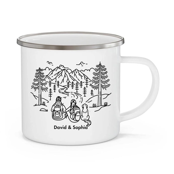 Personalized Adventure Partners For Life Enamel Mug, Custom Mountain Hiking Couple with Dogs Mug, Unique Gifts for Hikers, Campers