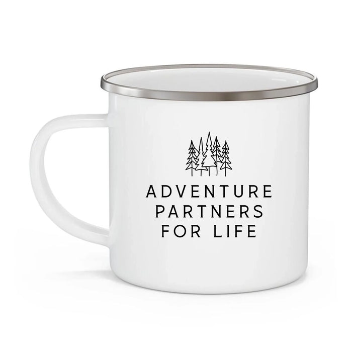 Personalized Adventure Partners For Life Enamel Mug, Custom Mountain Hiking Couple with Dogs Mug, Unique Gifts for Hikers, Campers