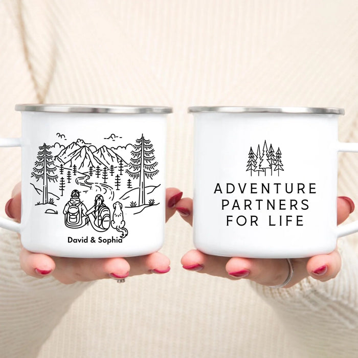 Personalized Adventure Partners For Life Enamel Mug, Custom Mountain Hiking Couple with Dogs Mug, Unique Gifts for Hikers, Campers