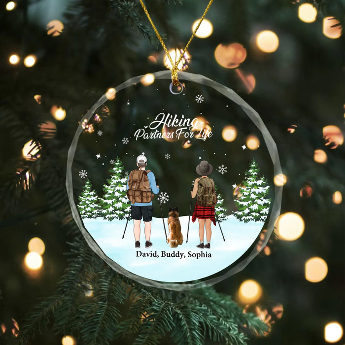 Personalized Hiking Couple With Dogs Ornament 2025, Custom Hiking Partners For Life Glass Ornament, Gift For Hikers And Dog Lovers