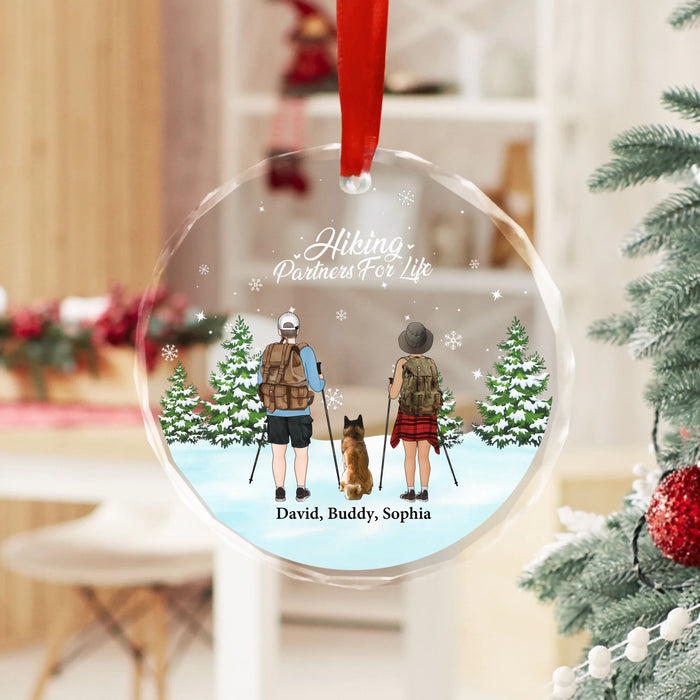 Personalized Hiking Couple With Dogs Ornament 2025, Custom Hiking Partners For Life Glass Ornament, Gift For Hikers And Dog Lovers