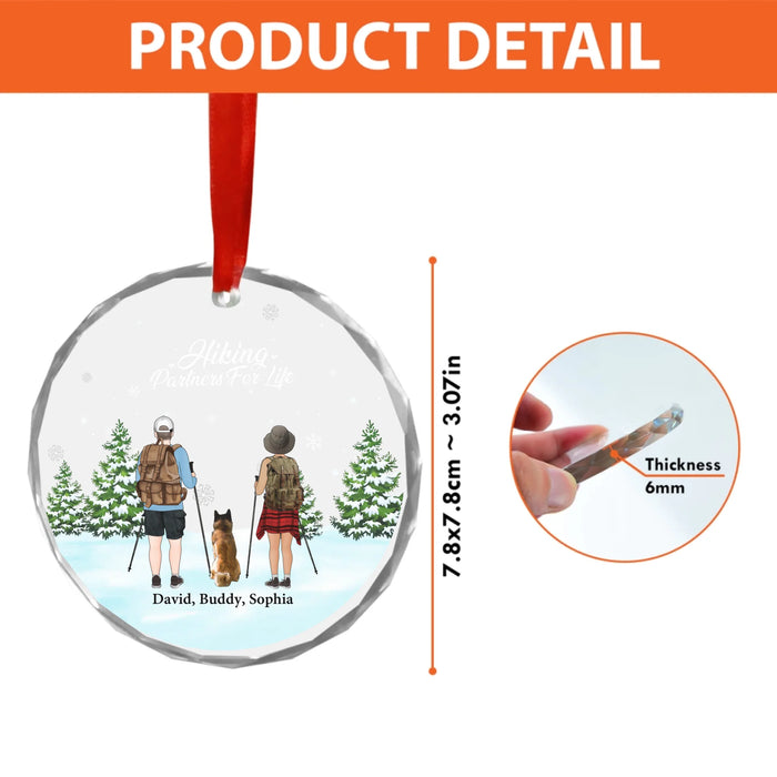 Personalized Hiking Couple With Dogs Ornament 2025, Custom Hiking Partners For Life Glass Ornament, Gift For Hikers And Dog Lovers