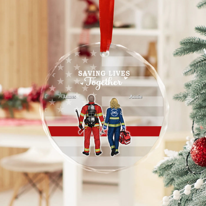 Personalized Saving Lives Together Glass Ornament, Custom First Responder Couple Colleague Christmas Ornament, Gifts by Occupation, Firefighter, Nurse, Police Officer, Military, EMS