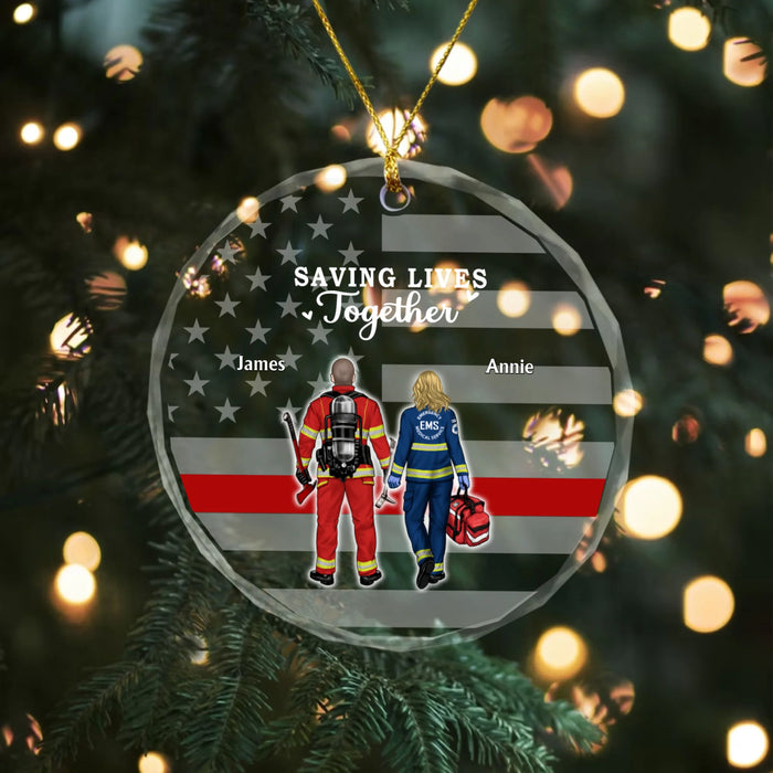 Personalized Saving Lives Together Glass Ornament, Custom First Responder Couple Colleague Christmas Ornament, Gifts by Occupation, Firefighter, Nurse, Police Officer, Military, EMS