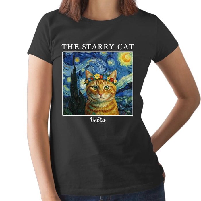 Personalized Starry Night Pet Portrait Shirt, Custom Dog Cat Portrait Van Gogh Style Shirt for Pet Lovers