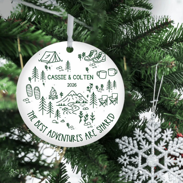 Personalized The Best Adventures Are Shared Ornament, Custom Hiking Camping Couple Christmas Ceramic Ornament