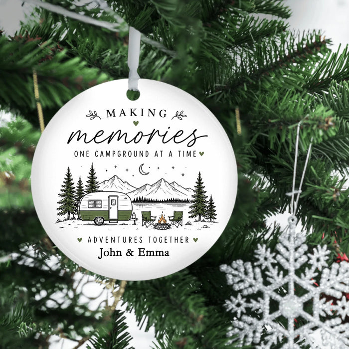 Personalized Making Memories One Campground At A Time Ornament, Custom Camping Couple Christmas Ceramic Ornament