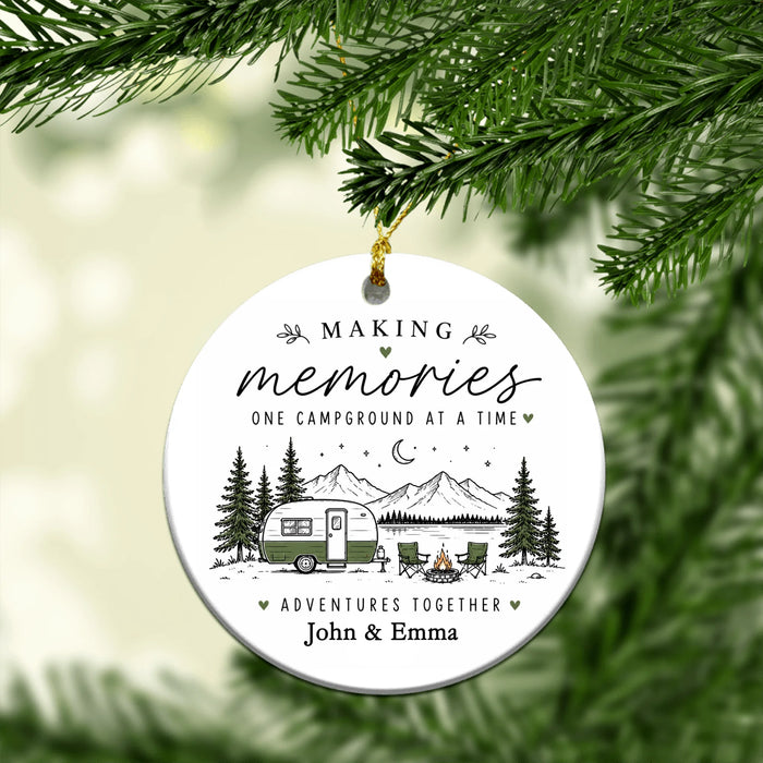 Personalized Making Memories One Campground At A Time Ornament, Custom Camping Couple Christmas Ceramic Ornament
