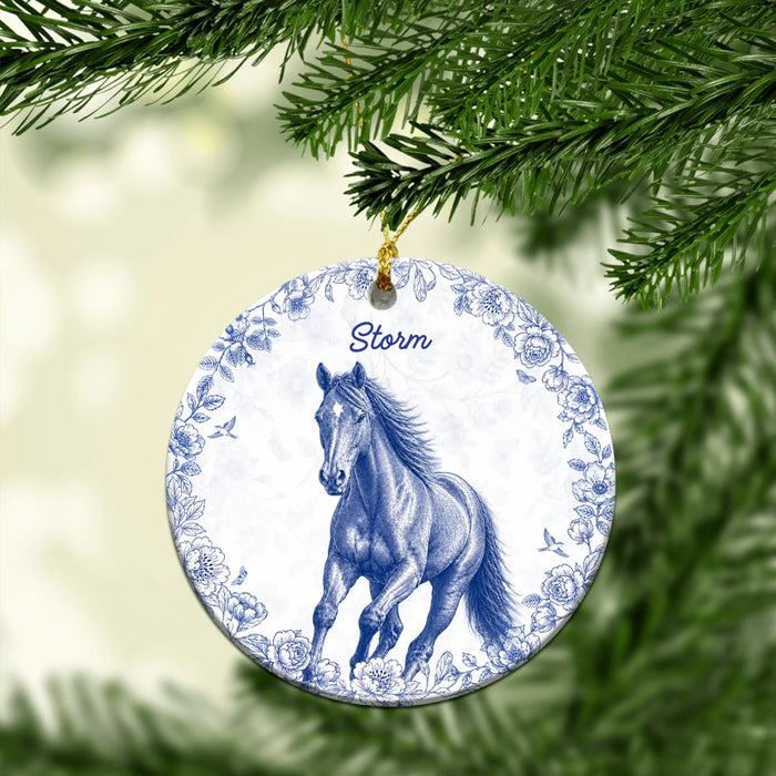 Personalized Horse Chinoiserie Ceramic Ornament, Custom Photo Blue & White Christmas Tree Decor, Gift for Horse Lovers