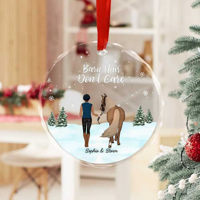 Personalized Barn Hair Don't Care Glass Ornament, Custom Horse Girl Christmas Tree Hanging Decor, Gift for Horse Lovers
