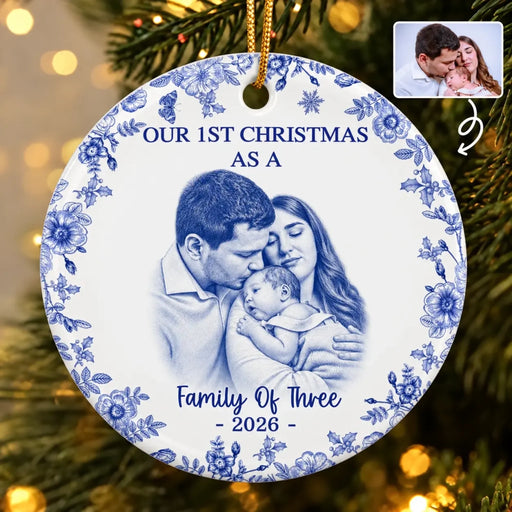Blue chinoiserie family Christmas ornament