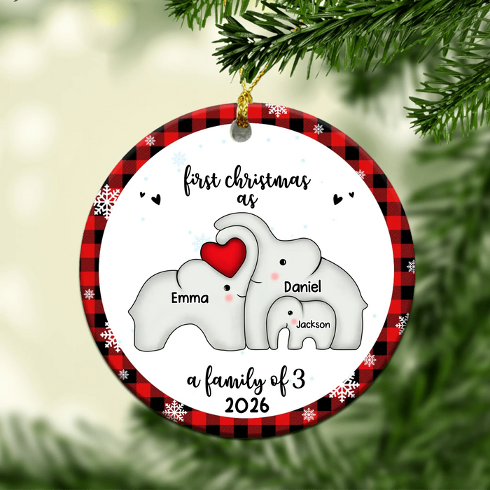 Personalized Elephant First Christmas as a Family Ornament, Custom Elephant Family Ceramic Ornament, First Christmas 2026 Ornament