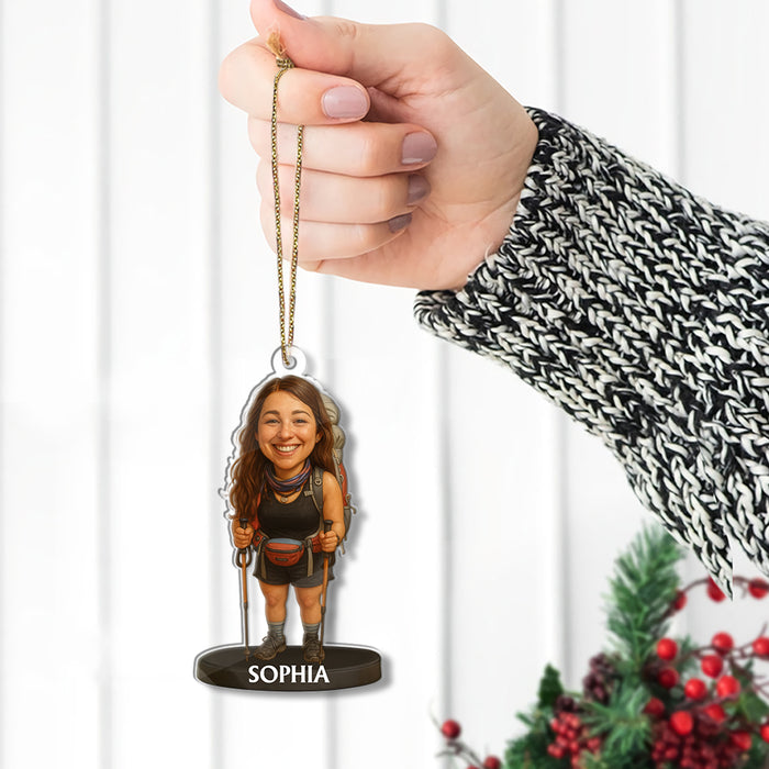Custom Caricature-Style Portrait Ornament from Your Photo – Personalized Acrylic Christmas Ornament, Unique Gift for Hiking Lovers and Hikers