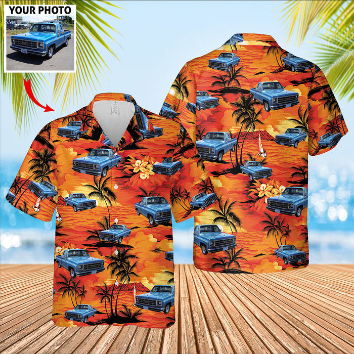 Personalized Sunset Island Vintage Car Hawaiian Shirt, Custom Vehicle Photo Upload Hawaiian Shirt