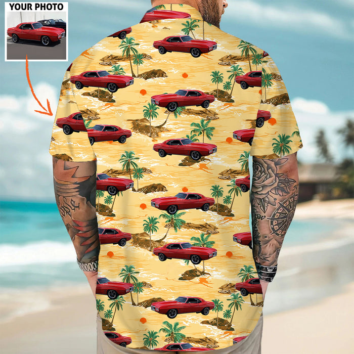 Personalized Upload Car Photo Hawaiian Shirt, Custom Vehicle Photo Sunset Beach Aloha Hawaiian Shirt
