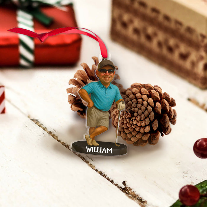 Custom Caricature-Style Portrait Ornament from Your Photo – Personalized Acrylic Christmas Ornament, Unique Gift for Golf Lovers and Golfers