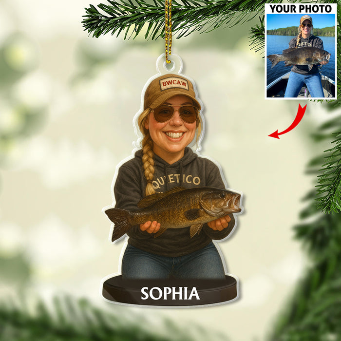 Custom Caricature-Style Portrait Ornament from Your Photo – Personalized Acrylic Christmas Ornament, Unique Gift for Fishing Lovers and Fishermen