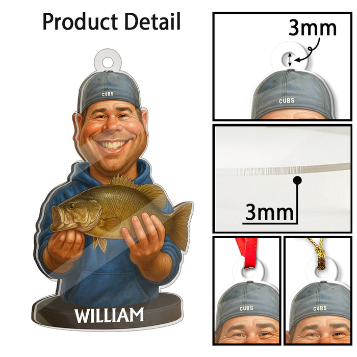 Custom Caricature-Style Portrait Ornament from Your Photo – Personalized Acrylic Christmas Ornament, Unique Gift for Fishing Lovers and Fishermen