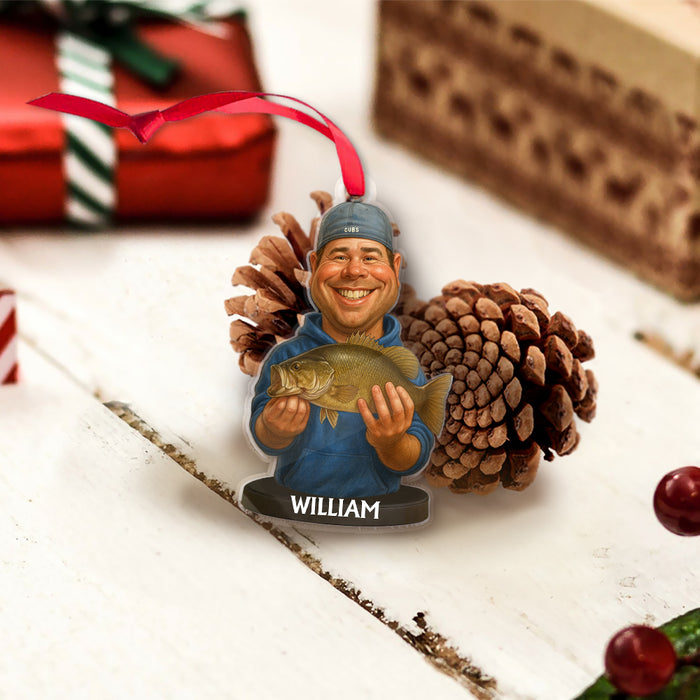 Custom Caricature-Style Portrait Ornament from Your Photo – Personalized Acrylic Christmas Ornament, Unique Gift for Fishing Lovers and Fishermen