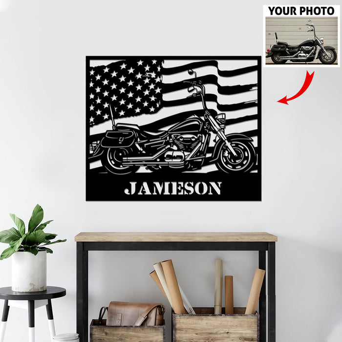 Custom Motorcycle American Flag Metal Wall Art Sign - Personalized Vehicle Photo Sign Gift for Biker, Motorcycle Car Lovers