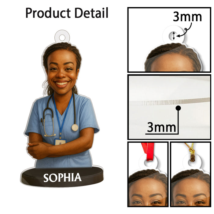Custom Caricature-Style Portrait Ornament from Your Photo – Personalized Acrylic Christmas Ornament, Unique Gift for Nurse
