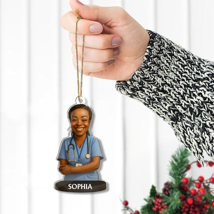 Custom Caricature-Style Portrait Ornament from Your Photo – Personalized Acrylic Christmas Ornament, Unique Gift for Nurse