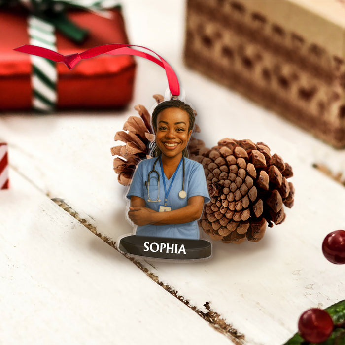 Custom Caricature-Style Portrait Ornament from Your Photo – Personalized Acrylic Christmas Ornament, Unique Gift for Nurse