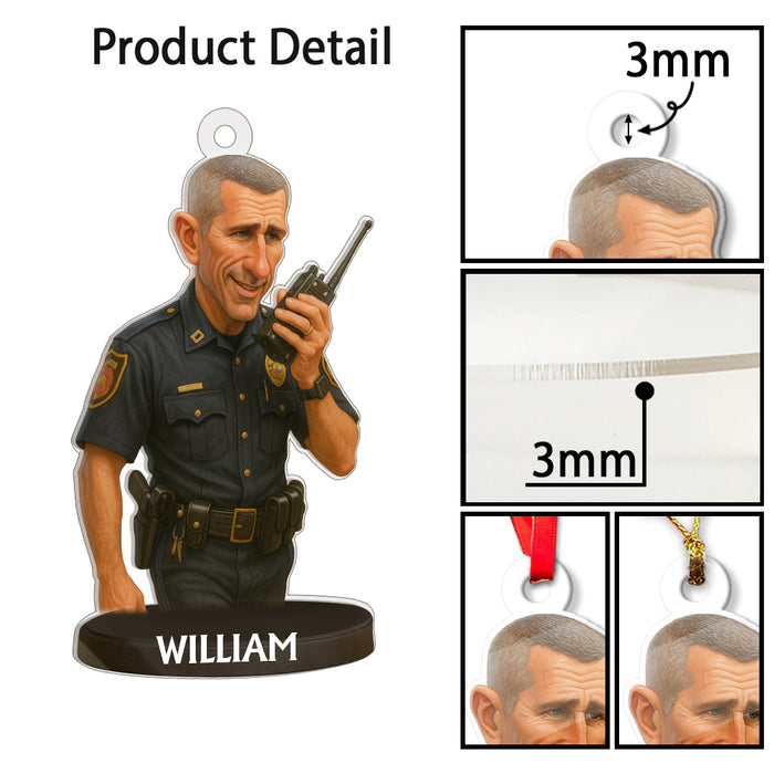 Custom Caricature-Style Portrait Ornament from Your Photo – Personalized Acrylic Christmas Ornament, Unique Gift for Police Officers