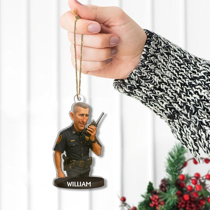 Custom Caricature-Style Portrait Ornament from Your Photo – Personalized Acrylic Christmas Ornament, Unique Gift for Police Officers