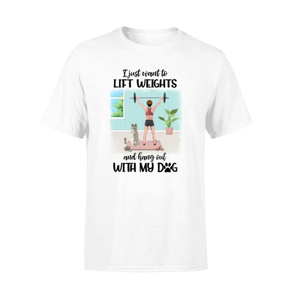 Personalized T-shirt, Girl Lifting Weights With Dog at Home, Gift for Dog Lovers, Fitness Lovers