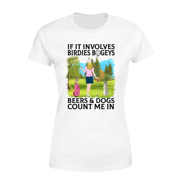Personalized Shirt, Golf Drinking Woman with Dogs, Gift For Golf and Dog Lovers
