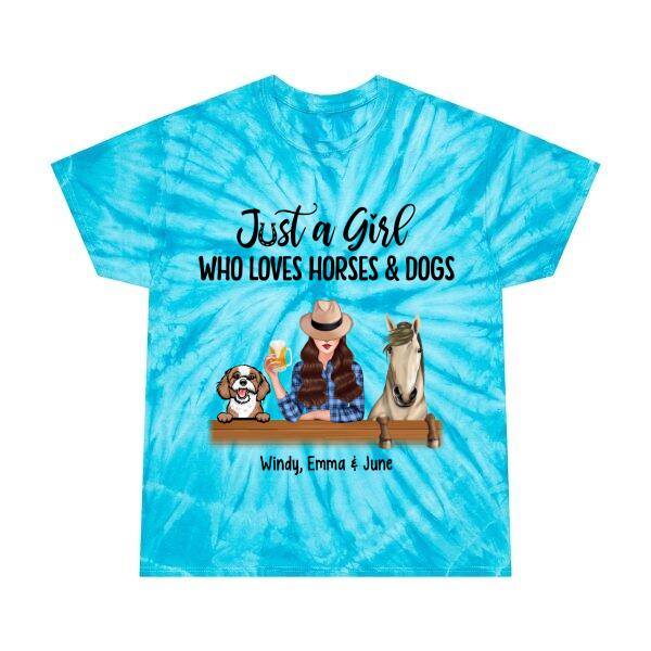 Personalized Tie-Dye Shirt, A Girl Who Loves Horses and Dogs, Gift For Dog Lovers, Horse Lovers