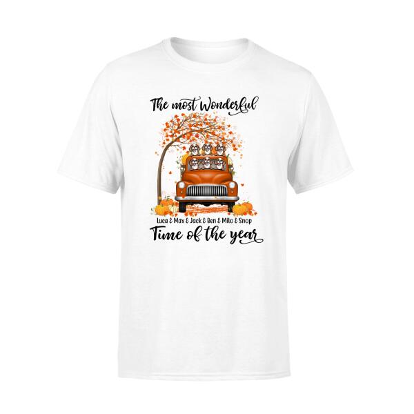 Personalized Shirt, It's The Most Wonderful Time Of The Year, Orange Truck, Pumpkins And Pets, Halloween Gift For Dog Lovers