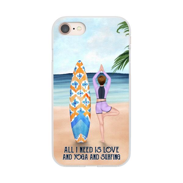 Personalized Phone Case, Surfing Woman Doing Yoga, Gift for Surfing and Yoga Lovers