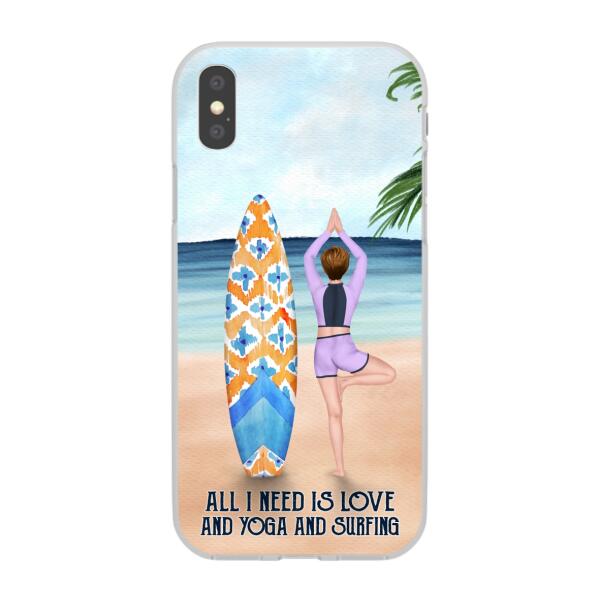 Personalized Phone Case, Surfing Woman Doing Yoga, Gift for Surfing and Yoga Lovers