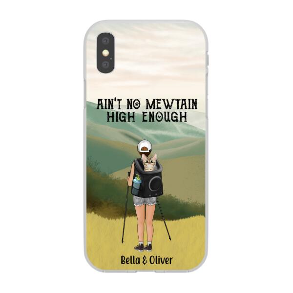Personalized Phone Case, Woman Hiking With Cat, Gift for Cat Lover, Hiking Lover