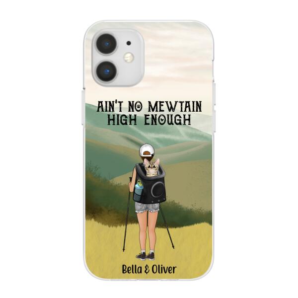 Personalized Phone Case, Woman Hiking With Cat, Gift for Cat Lover, Hiking Lover