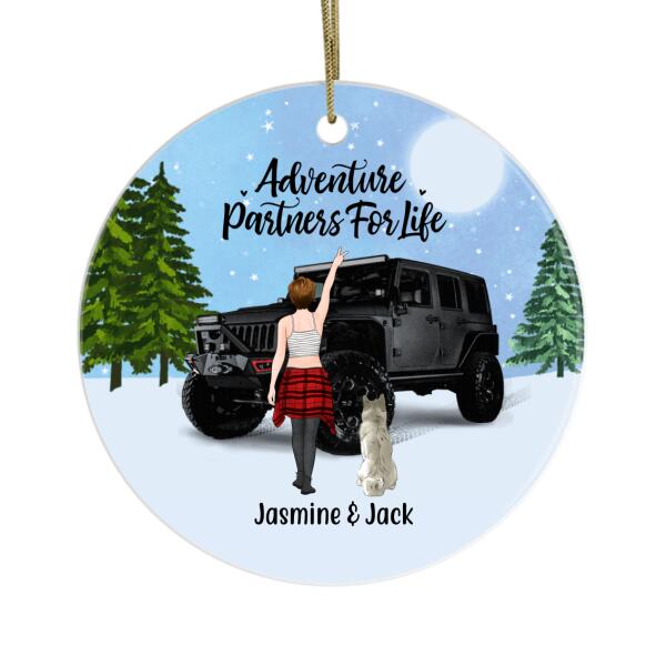 Personalized Ornament, Adventure Girl With Cats And Dogs, Custom Gift For Dogs and Car Lovers