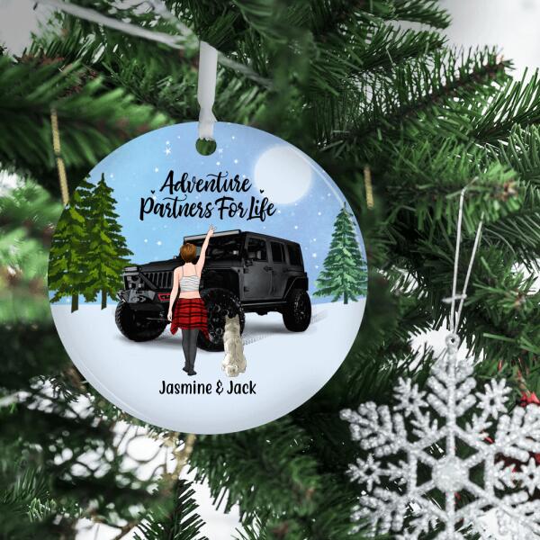 Personalized Ornament, Adventure Girl With Cats And Dogs, Custom Gift For Dogs and Car Lovers