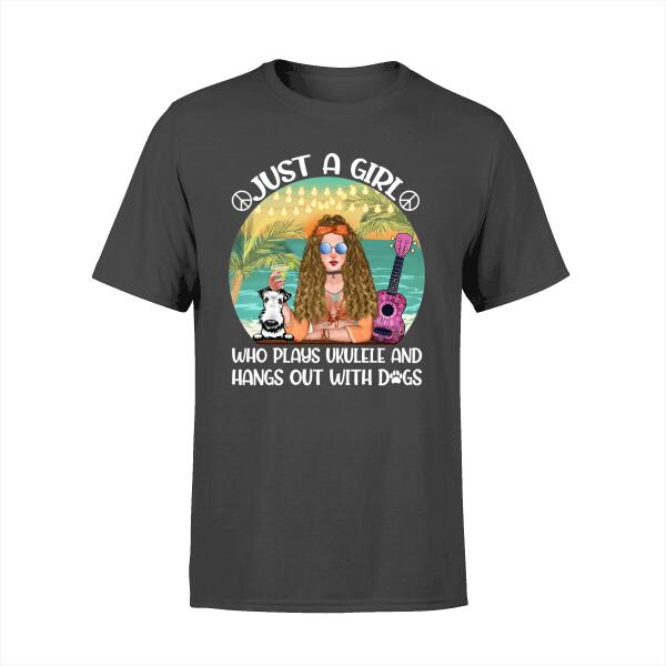 Personalized T-shirt, Just A Hippie Girl Who Plays Ukulele and Love Dogs, Gift for Hippie Girl, Dog Lover, Ukulele Lover