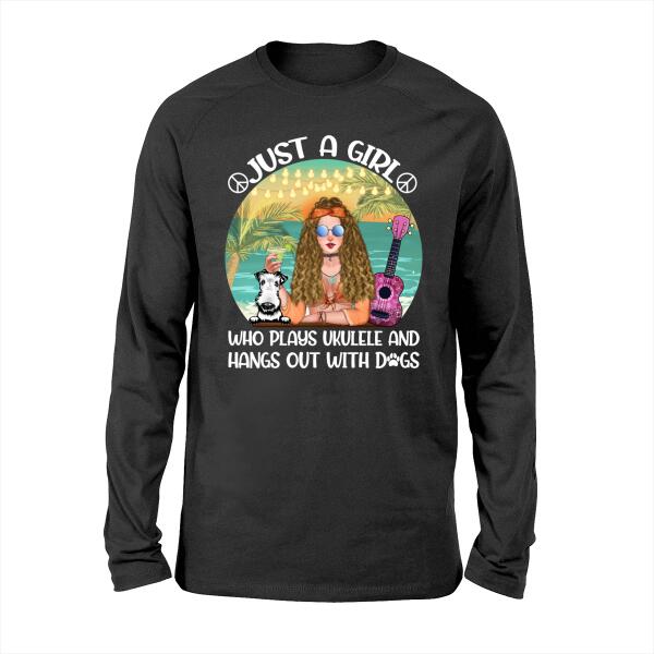 Personalized T-shirt, Just A Hippie Girl Who Plays Ukulele and Love Dogs, Gift for Hippie Girl, Dog Lover, Ukulele Lover