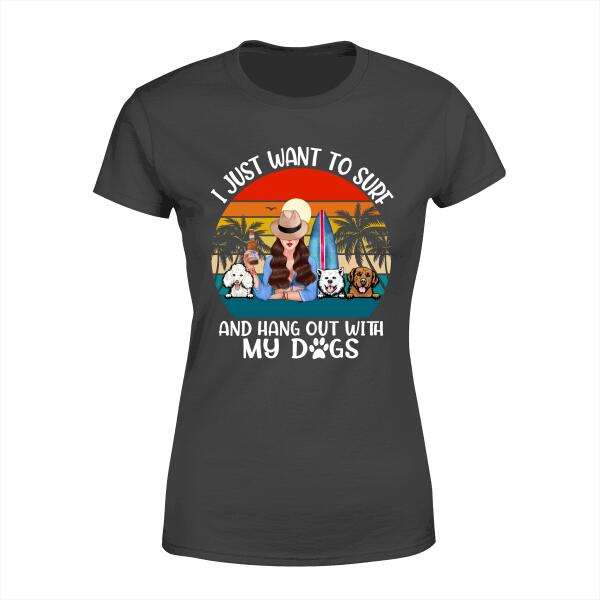 Personalized Shirt, Surfing Girl And Dogs, Gift For Surfers and Dog Lovers