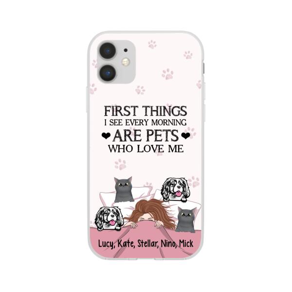 Personalized Phone Case, Sleeping Girl With Pets, Gift For Dog And Cat Lovers