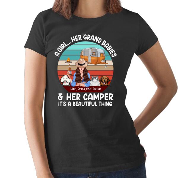 Personalized Shirt, A Girl... Her Grand Babies & Her Camper It's A Beautiful Thing, Gift For Campers And Dog Lovers, Cat Lovers