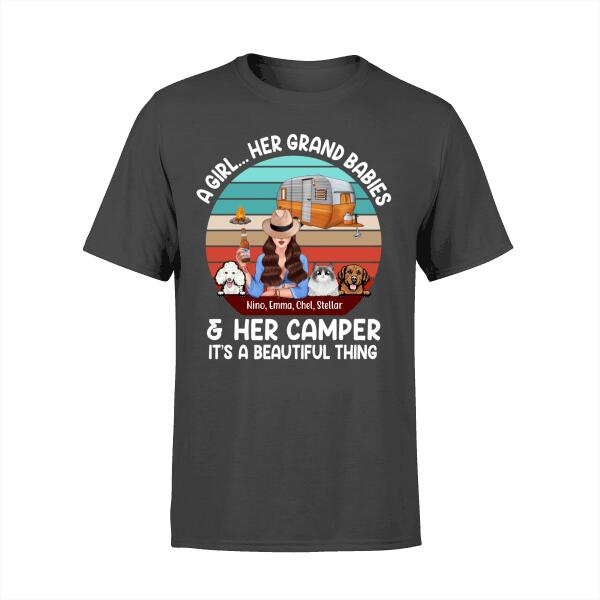 Personalized Shirt, A Girl... Her Grand Babies & Her Camper It's A Beautiful Thing, Gift For Campers And Dog Lovers, Cat Lovers