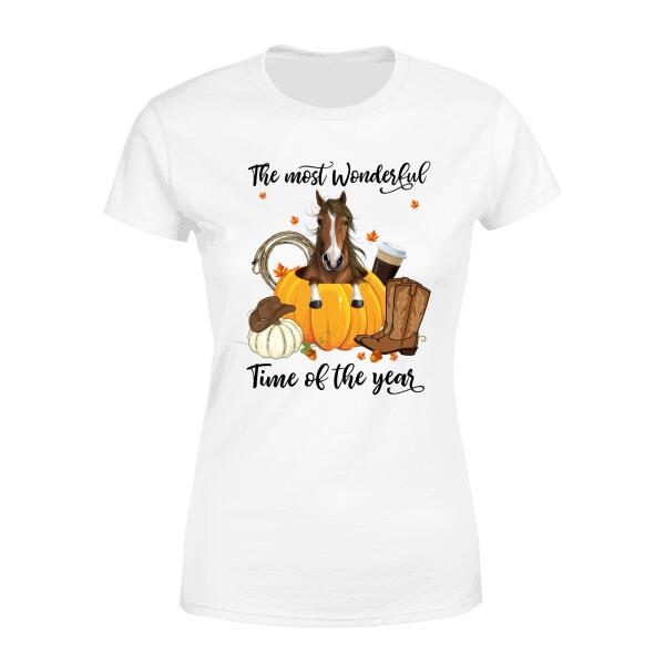Personalized Shirt, Autumn The Most Wonderful Time Of The Year, Fall Gift For Horse Lovers, Dog Lovers, Cat Lovers