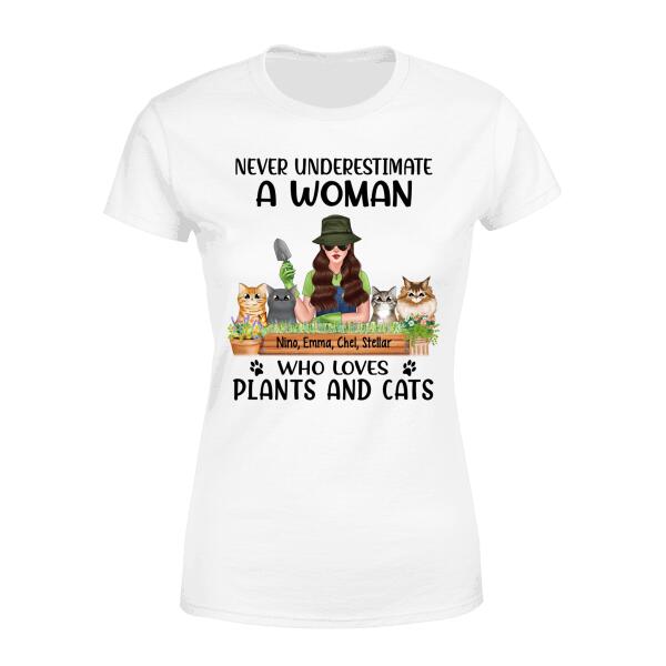 Personalized Shirt, Never Underestimate A Woman Who Loves Plants And Cats, Gift For Gardeners And Cat Lovers