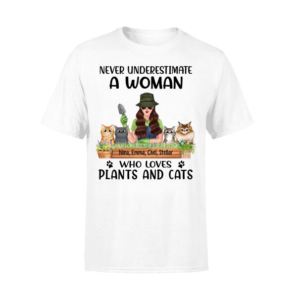Personalized Shirt, Never Underestimate A Woman Who Loves Plants And Cats, Gift For Gardeners And Cat Lovers